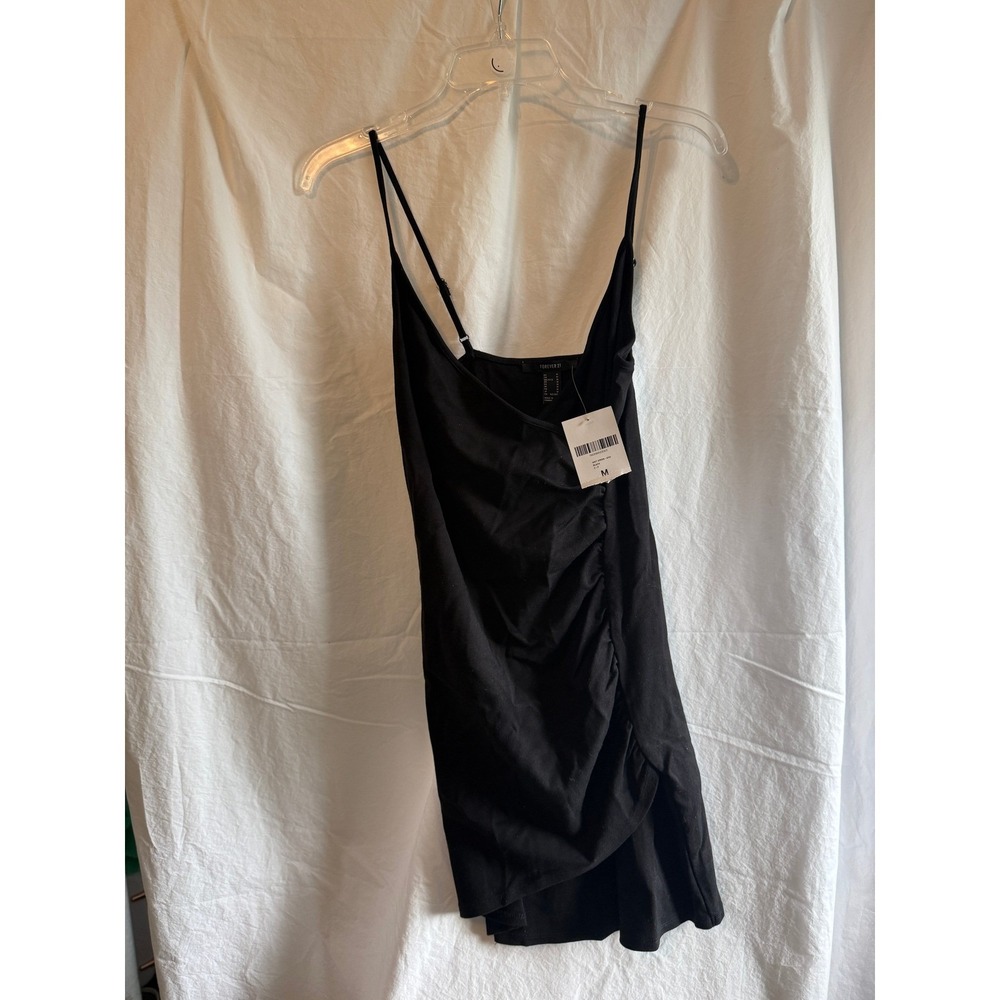 Forever 21 Black Ruched Mini Dress Adjustable Straps Wrap Hem Bodycon Medium NWT - Picture 1 of 4